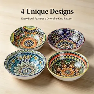 4pcs 9-inch special floral ceramic pasta bowl set, rich Bohemian style, bowl body deepening and expansion, strong practicality, easy cleaning and heating, both daily kitchen utensils and thoughtful gifts