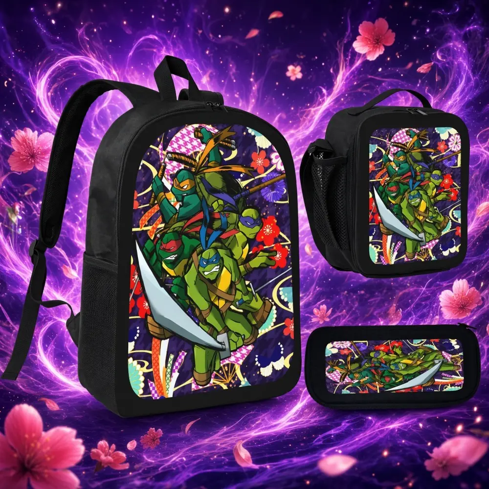 Ninja Turtles 3Pcs Backpack Set,17 Inch School Bookbag with Lunch Bag & Pencil Case,Retro Ninja Turtle Character Graphic Oxford Rucksack,Cartoon Themed School Gift For TMNT Fans