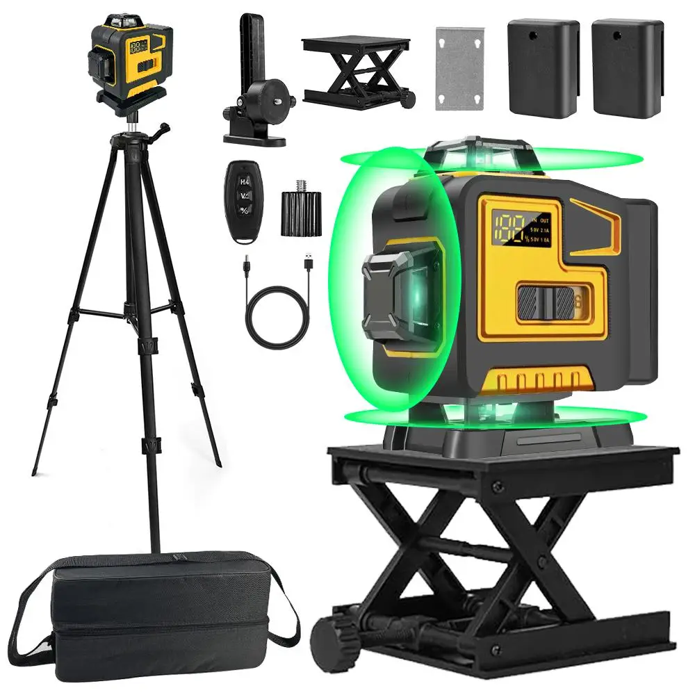 4D 16 Lines Laser Level, Rechargeable 4x360 Self Leveling Tool, Heavy Duty Industrial Vertical and Horizontal Line Leveler Tool with 2 Rechargeable Ba