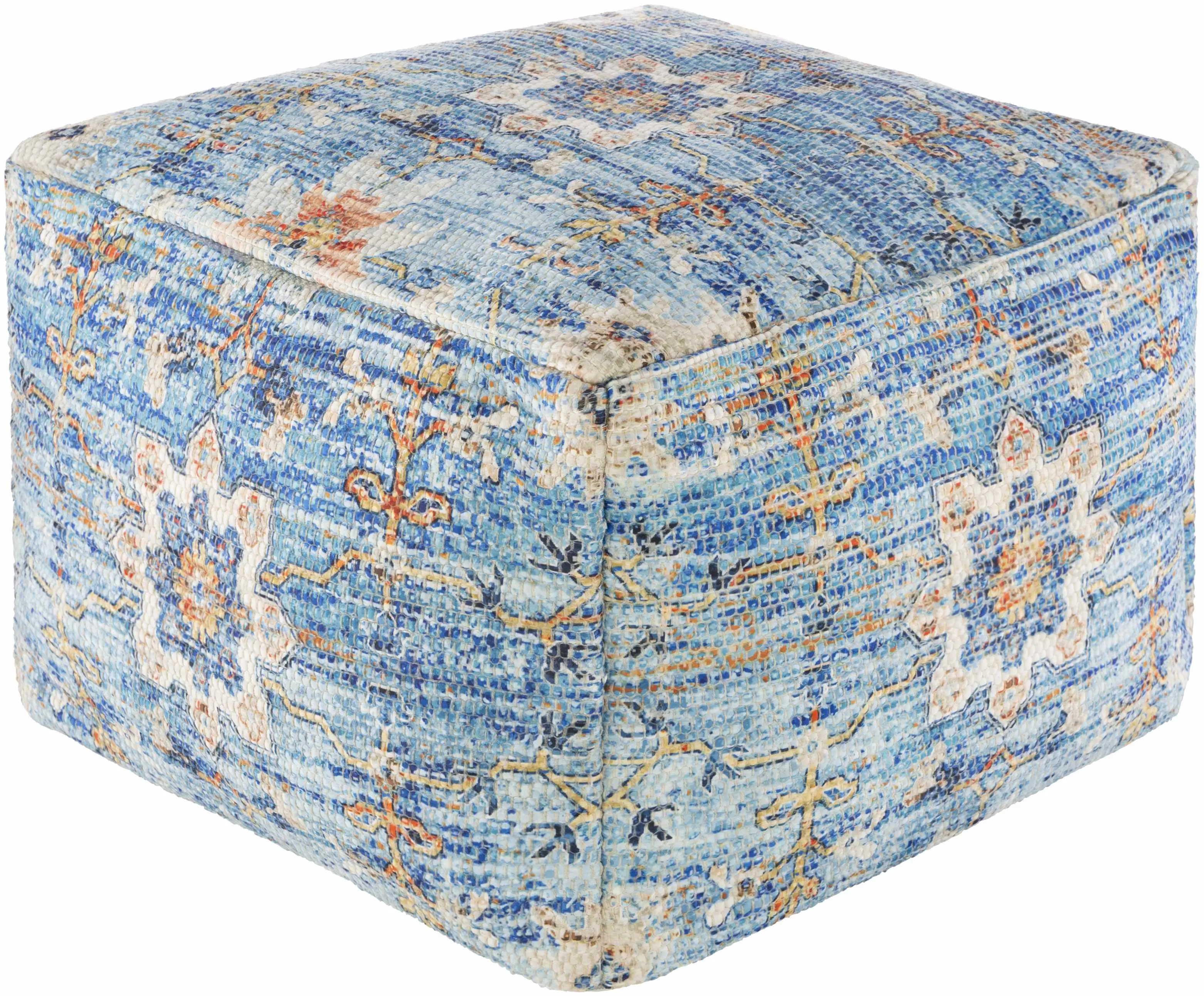 Cuddington Sky Blue Woven Floor Pouf - Bohemian Ottoman Pouf, Lounge Accent for Living Room