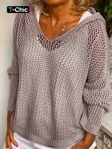 Lightweight Women's Hollow Out Loose Casual Hooded Sweater Long Sleeve, Spring & Fall Fashion, Plain Pattern, Relaxed Fit