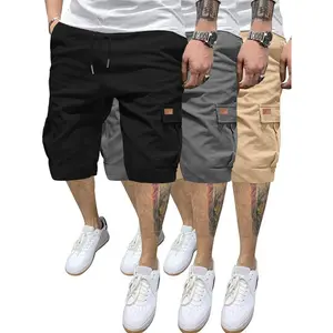 3pcs Men's Casual Cargo Shorts Classic Elastic Waist Drawstring Outdoor Work Shorts with 6 Pockets