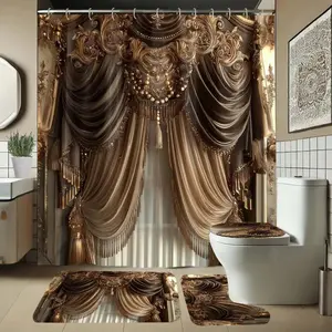 Elegant Bathroom Set with Soft Shower Curtain, Bath Mat & Toilet Seat Cover, Indoor Decoration Patterned Four-Piece Set, Bathroom Decoration Accessories