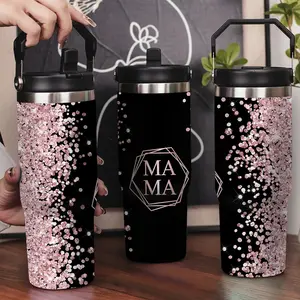 30oz Stainless Steel Insulated Tumbler with Leak-Proof Lid & Portable Handle - MAMA logo pattern surrounded by pink glitter,Long-Lasting Hot/Cold Insulation,Perfect for Car,Office,Travel and Birthday Gifts, Travel Drinkware,Horse Drink Water Bottles