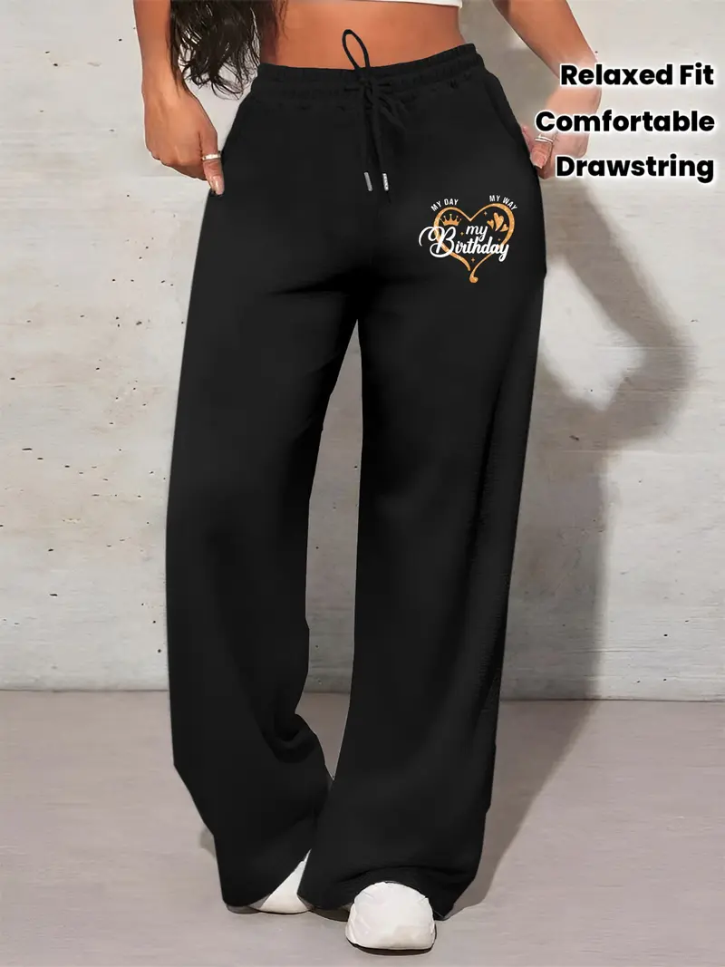 Women'S Straight-Leg Sweatpants with "My Name" Print - Cozy Fleece-Lined Drawstring Pants, Casual Winter Pants with Pockets, White, Comfortable Clothing