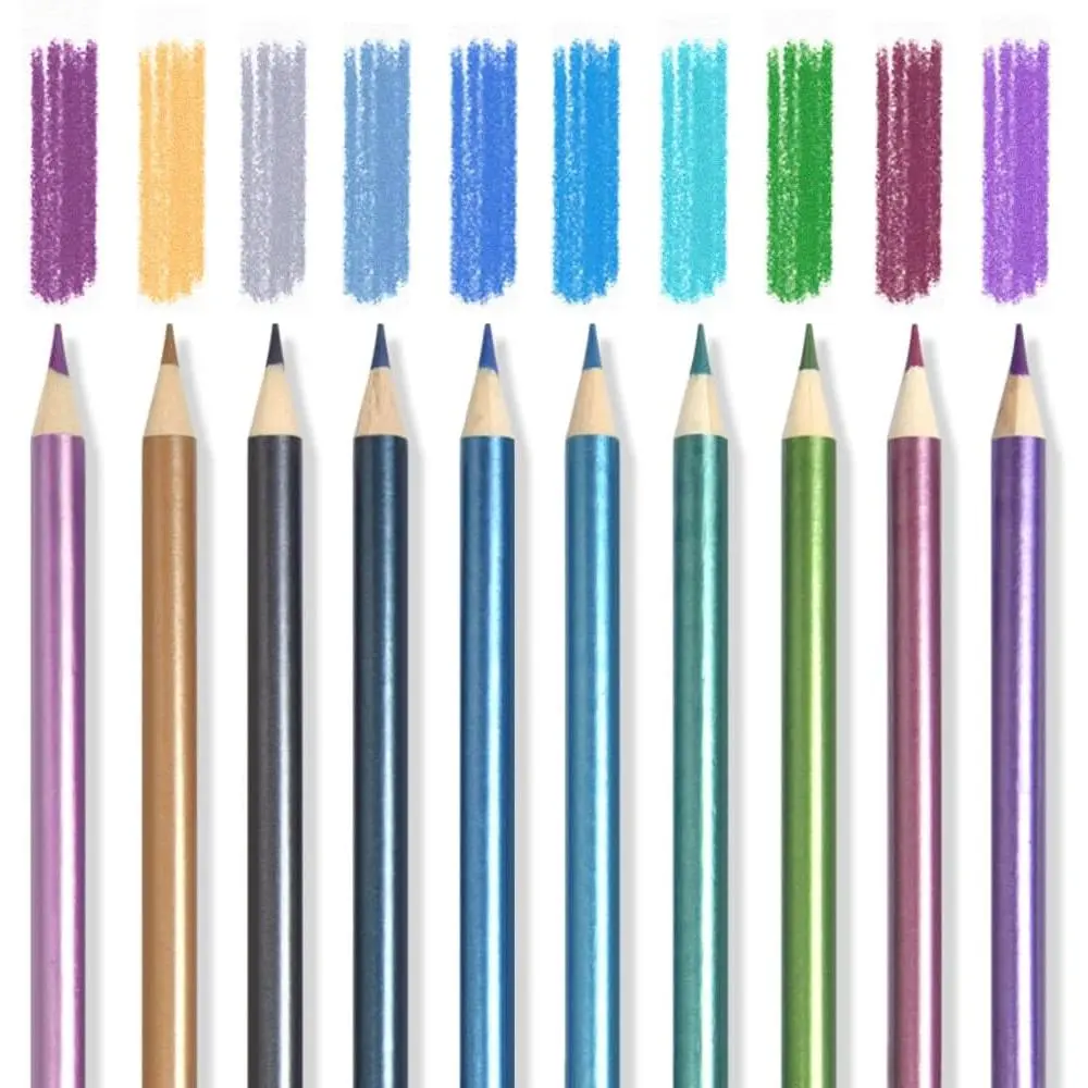 10 count Metallic Colored Pencils Set, Oil Based Drawing Pencils, Pre-sharpened Wooden Professional Sketch Pencil Art Supplies for Adults, Coloring Books, No Duplicates