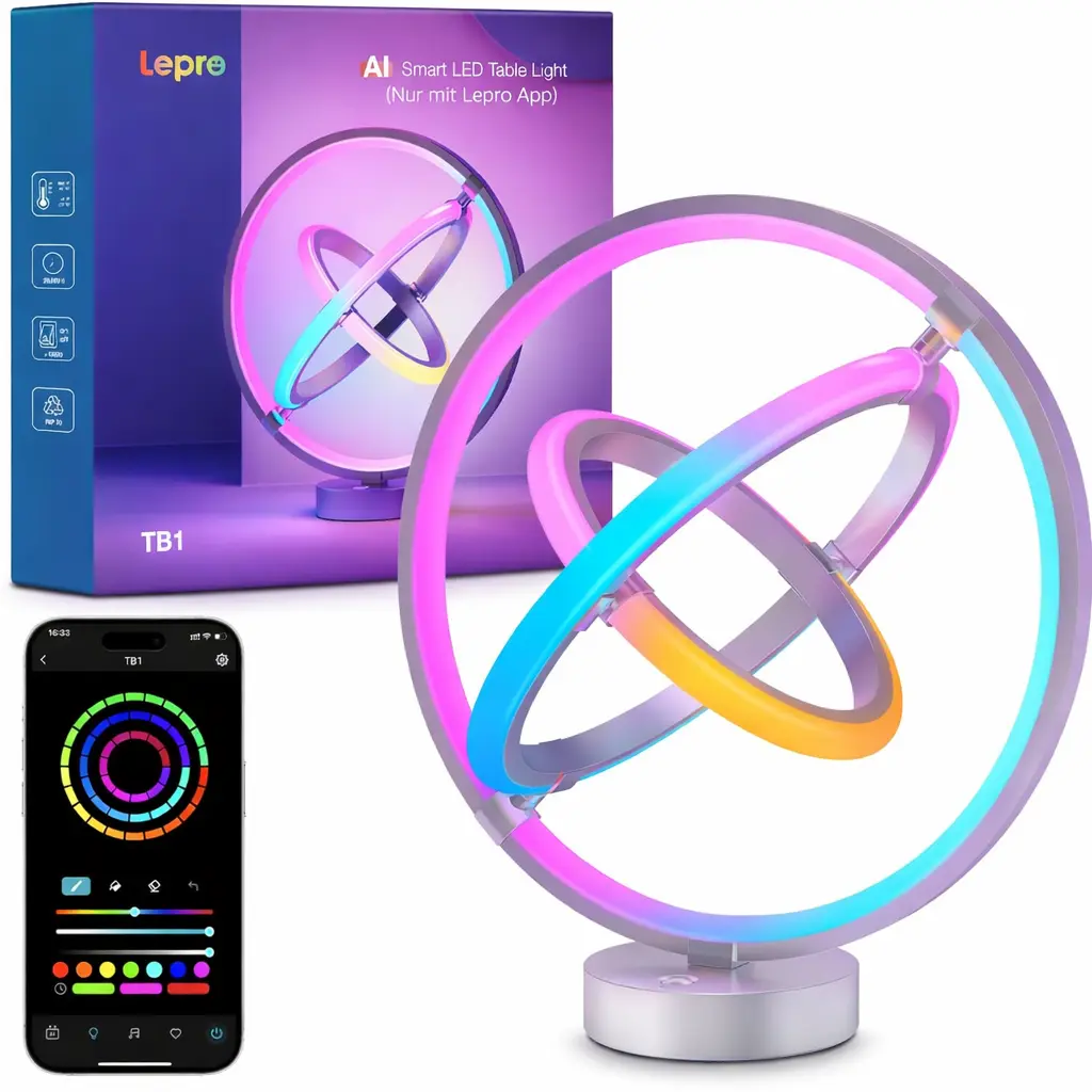 LEPRO TB1 Intelligent Table Lamp - RGB+IC Addressable Colorful LED Atmosphere Lights, Alexa & Google Enabled, Music Sync, 1%-100% Adjustable Brightness, 2.4 GHz APP Control (No Remote), Room Tech Gadgets for Game Room, Led Lights Bedroom
