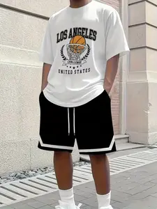 Men's Summer Basketball Training Running Set, Short Sleeve T-Shirt and 2-Pack Shorts, Casual Geometric Pattern, Fitted Drop Waist