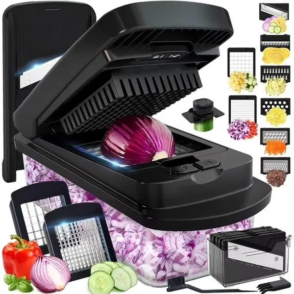 Vegetable Chopper, 10-in-1 Chopper Vegetable Cutter, Food Chopper with Container, Multifunctional Vegetable Cutter with 8 Blades, Mandoline Slicer, Dicer & Grater, Black