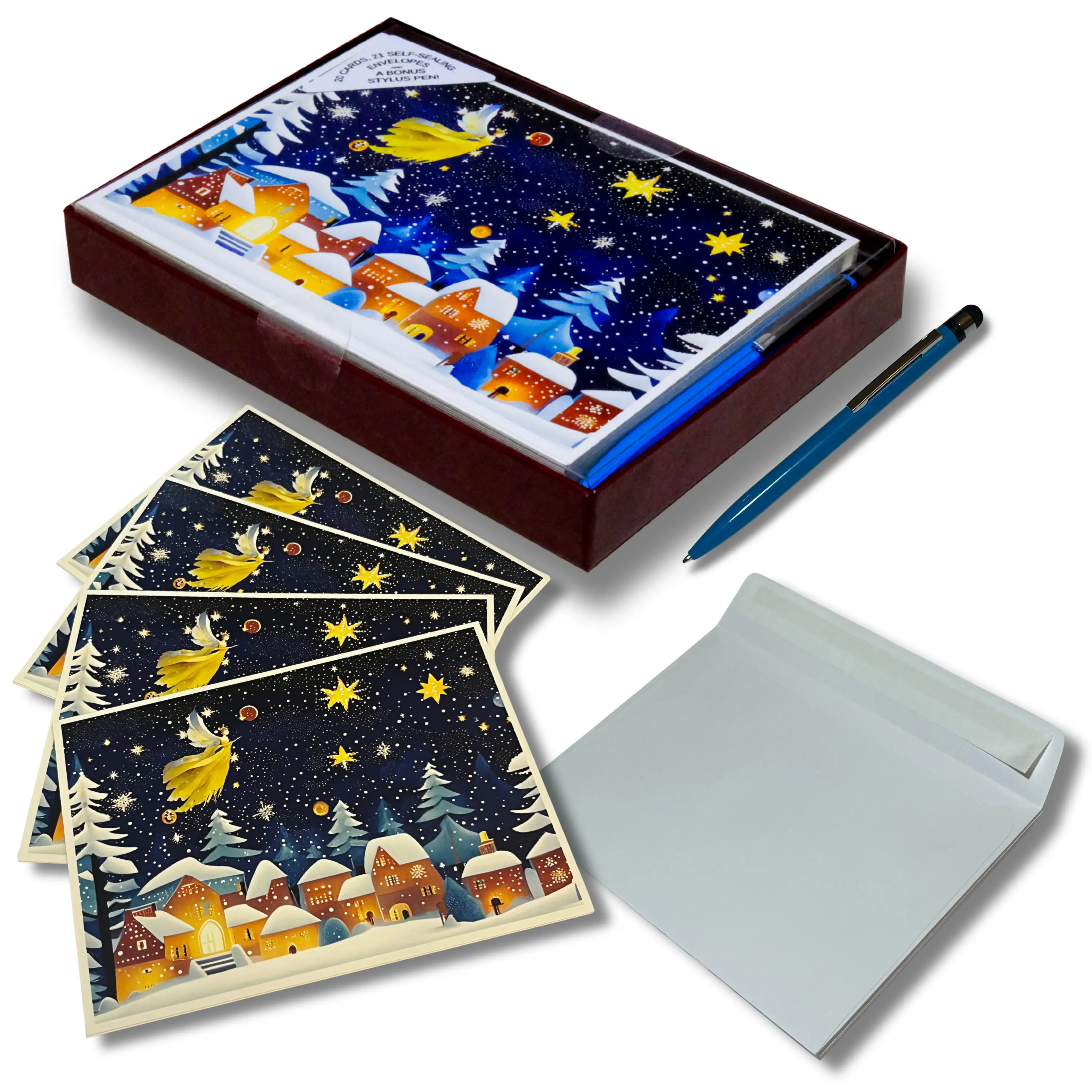 Christmas Cards Box Set – 20 Holiday Greeting Cards with Envelopes – Starry Night Fairy Angel Theme – Keepsake Storage Box & Bonus Pen, Nebula Voyager