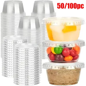 50/100pc lid transparent disposable plastic cup, 2-ounce sealed stackable cup, salad dressing/dipping sauce cup, lunch condiment cup, plastic dessert cups, overseas travel party, Mother's Day graduation trip