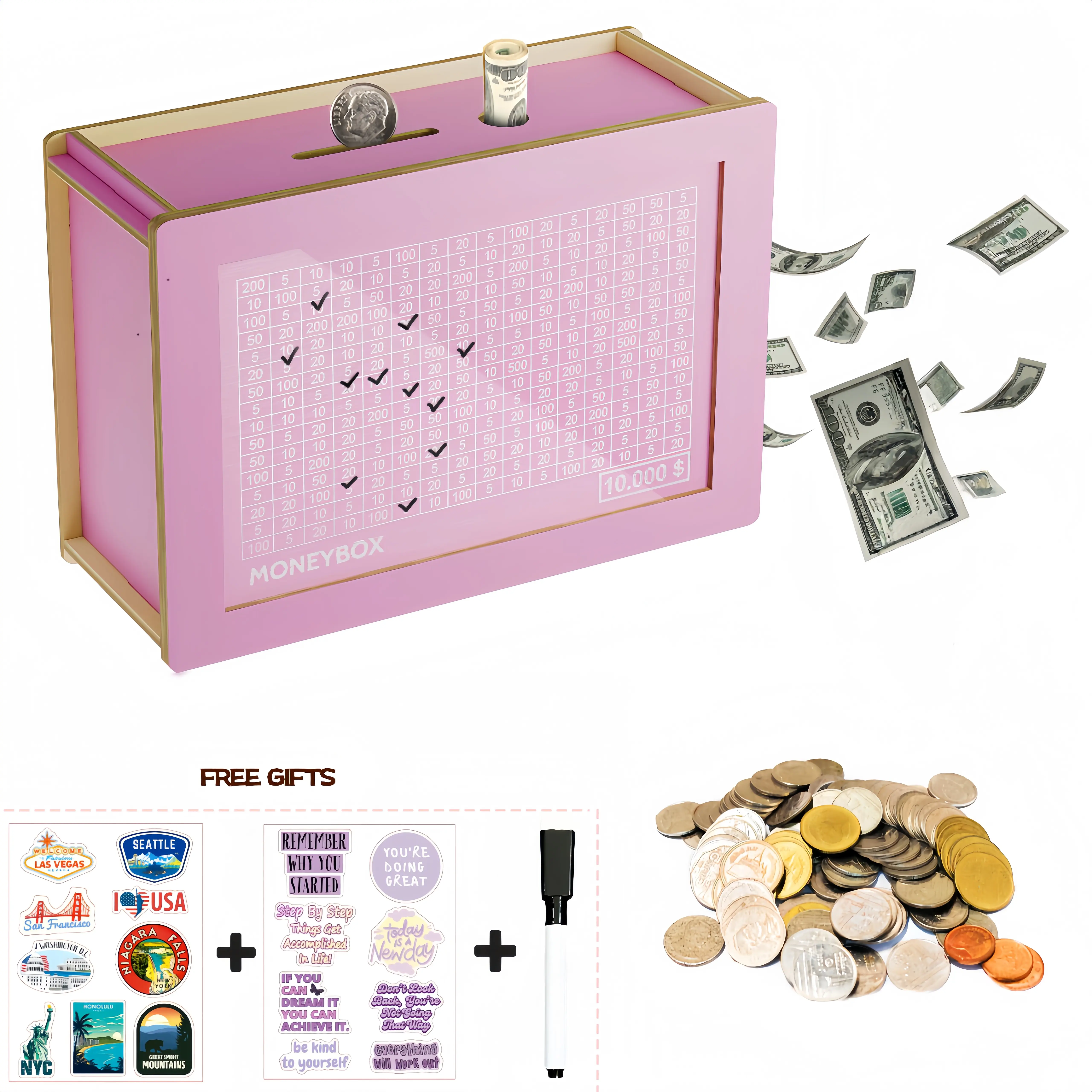 【2026 New+Free Gifts】10000 Cash Vault Wooden Money Savings Box -Wooden Cash Coin Piggy Bank with Counter and Dry Erase Pen,Countdown Money Saving box,best gift for Boys&Girls