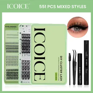 ICOICE 551 Pcs Mixed Styles Individual Lashes  Cluster  with Tweezers&Bond and Seal, Bottom Lashes, Fish Tail Design, Thick, Crossed, Curled And Sparse With Lengthening Effect For Daily Family Gatherings, Dates, Dinners, Stage Makeup