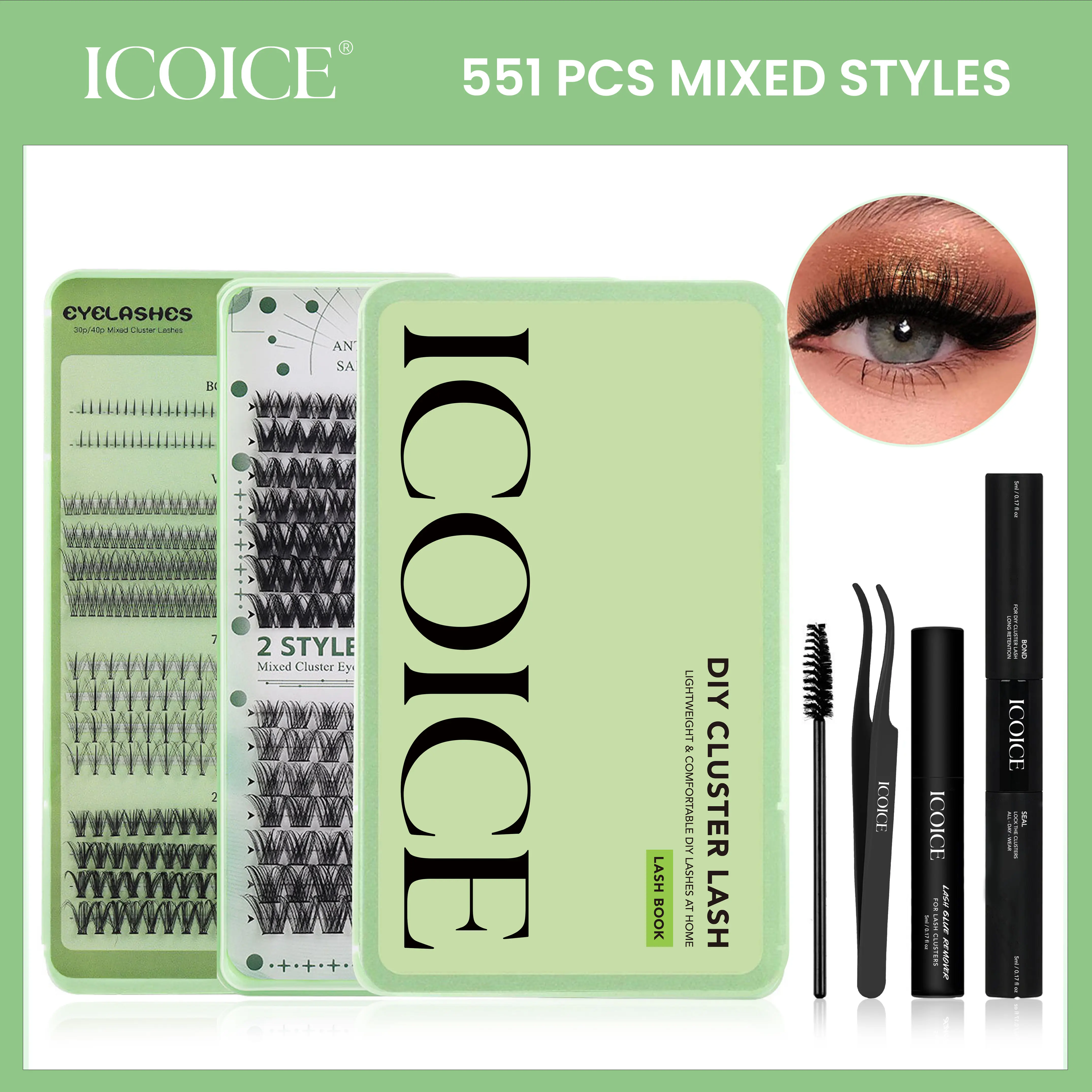 ICOICE 551 Pcs Mixed Styles Individual Lashes  Cluster  with Tweezers&Bond and Seal, Bottom Lashes, Fish Tail Design, Thick, Crossed, Curled And Sparse With Lengthening Effect For Daily Family Gatherings, Dates, Dinners, Stage Makeup