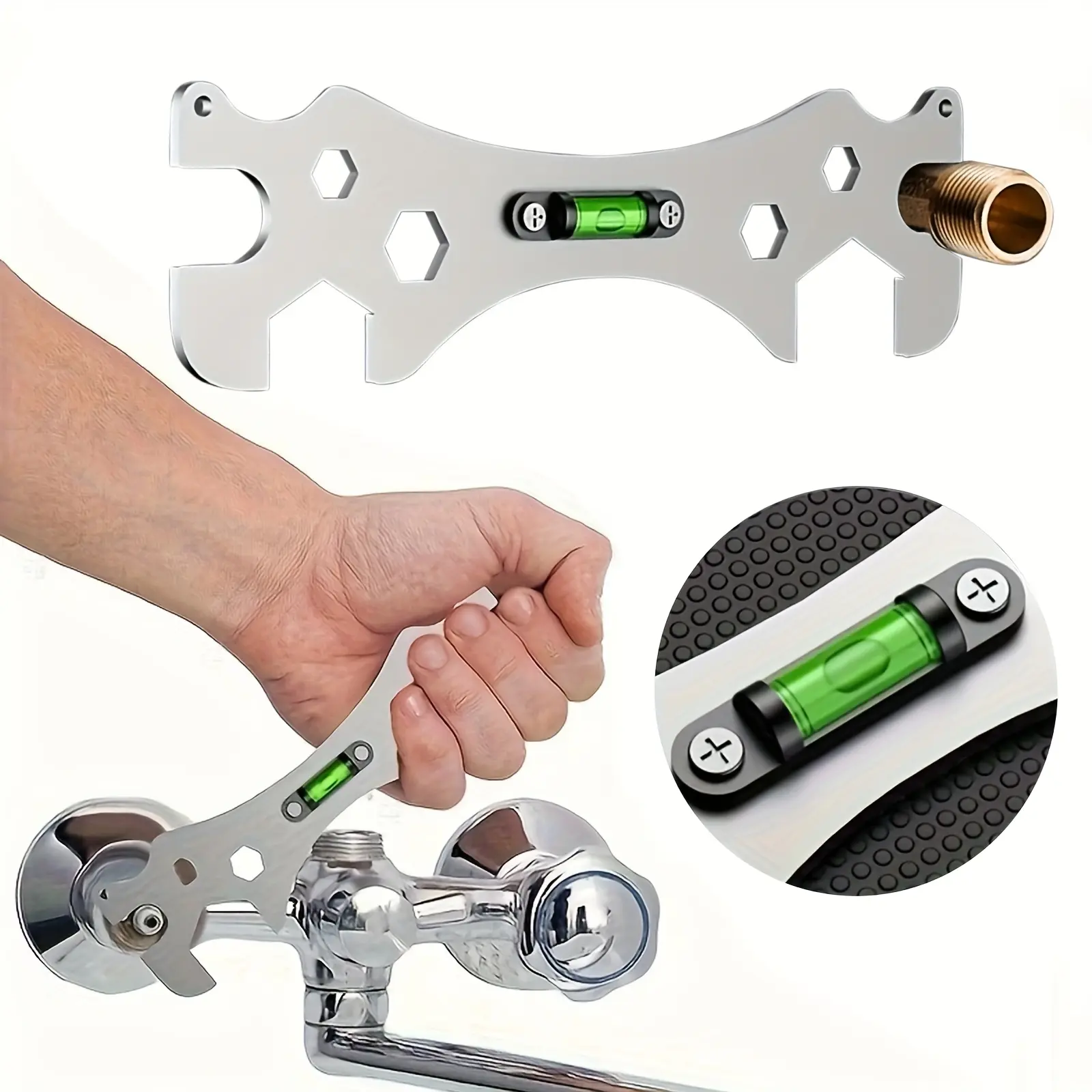 1pc Stainless Steel Rust-proof Universal Bathroom Wrench - Hexagonal Design with Curved ft Level Ruler, Multi-functional Plumbing Hand Tool for Bathroom Installation & Leak Fitting Repair, Household Supply