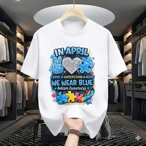 Autism Awareness Month T-Shirt - In April We Wear Blue Graphic Tee, Puzzle Piece Ribbon Casual Shirt, Women's Supporter Top