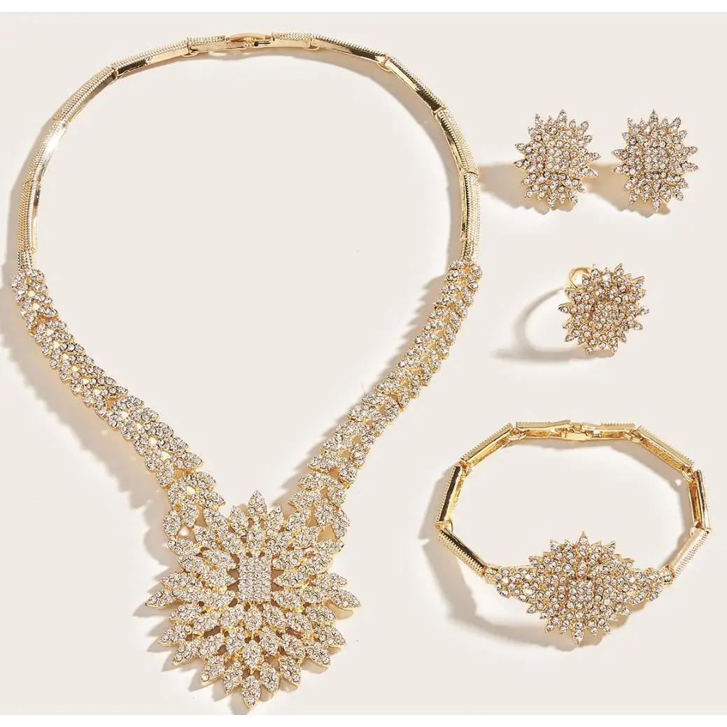 Statement Sunburst Crystal Jewelry Set - Bling, Combo, Gold-Colored, Shimmering, Stylish Costume Jewelry Set for Wedding Season, Mom Gifts, Bling Jewelry Sets, Combo Jewelry Sets