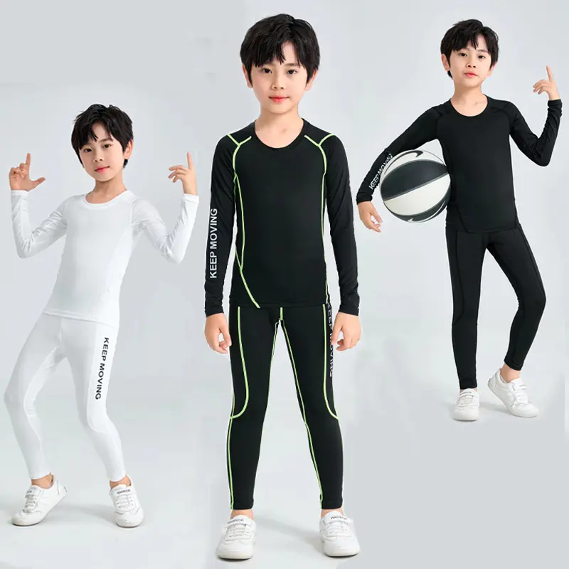 2025 Kids' Solid Polyester-Elastane Sports Compression Suit - Male Student Running Training Wear, XXXL Sport Thermal Underwear for Fitness