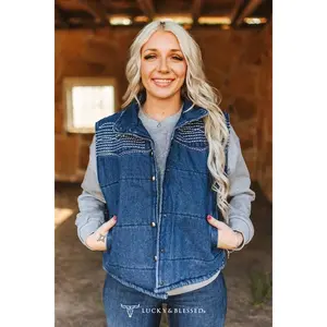 Midwash Denim Puffer Studded Button Down Vest