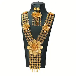 Women's Celebratory 24k Gold Plated Hollow Floral Motif Tassel Necklace Earrings Bridal-worthy Dazzling Jewelry Set Evening Wear
