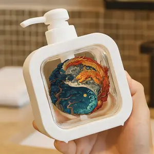 Yin Yang Dragon & Pine Tree Soap Dispenser, Kitchen Bathroom Creative Artistic Pump Dispenser, Light Neutral Background with Celestial Element, Home Decorative Liquid Dispenser for Hand Washing