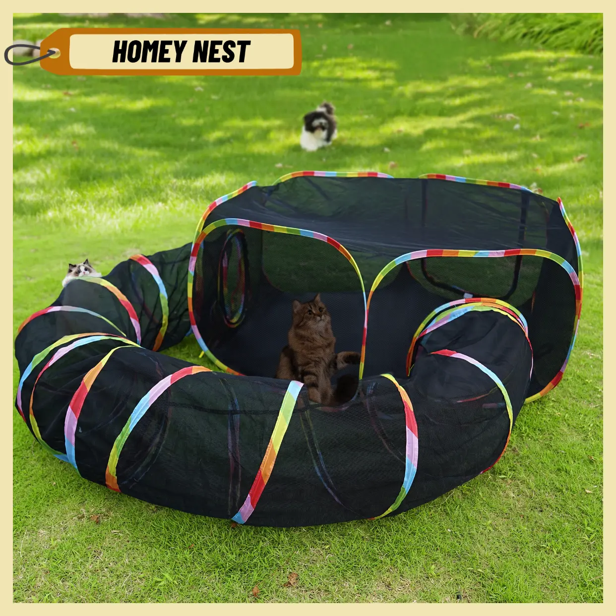 Outdoor Cat Playground Fence Set, Foldable Rainbow Pet Enclosure with Round Cat Tunnel & Portable Cat Tent for Kittens Small Pets