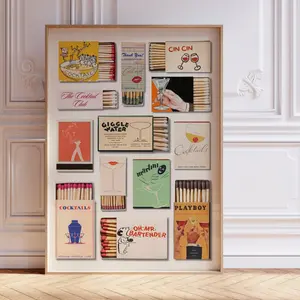 Retro Matchbox Wall Art, Gallery Wall, Unique Aesthetic Apartment, Vintage Cocktail Matchbook Print, Bar Cart, Room Decor