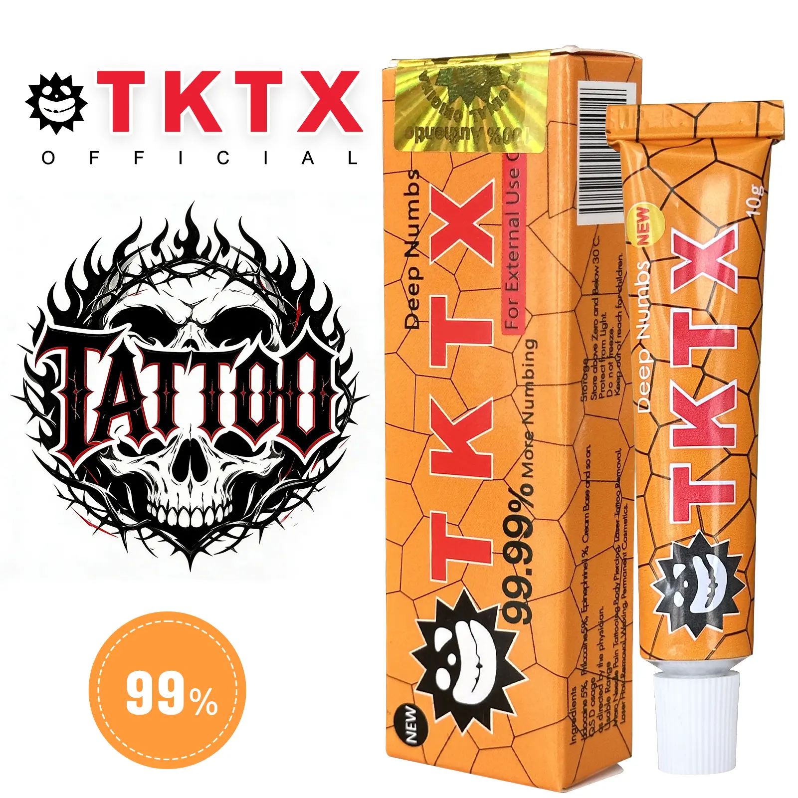 TKTX 99% Maximum Strength Tattoo External Paste - Limited Edition Gold Tube, 10g Strip Packaging, Multi-Use for Painless Tattooing & Laser Removal, 6-8 Hour Local Pain Relief, Suitable for All Skin Types