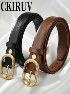 Women's Fashion Minimalist Thin Belt, Trendy Belt, Stylish Belts, Vintage Gold Buckle Versatile Fine Leather Strap, Essential Commuter Accessory for All Women