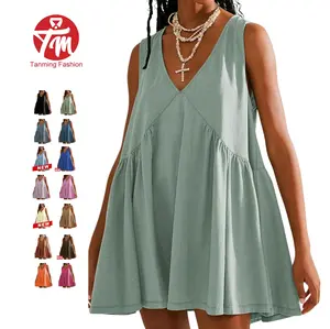 Tanming Women’s V-Neck Tank Sundress | Springfresh Casual Flowy Sleeveless A-line Mini Dress with Two Side Pockets, Layer with Mesh Tops on Chilly Days or Wear Alone for Spring,Summer Outfits Vneck Bluegrey