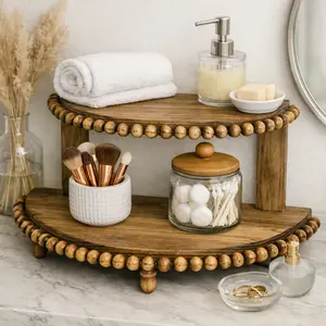 Handcrafted Beaded Two‑Tier Wooden Riser – Farmhouse Décor