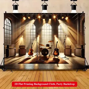 2D Flat Printing Backdrop Banner 1pc, Musical Instruments On The Stage Vibrant Polyester Background Cloth for Family Party, Wedding, Birthday, Christmas, Thanksgiving, Fall, Entryway, Room Decorations, Easy to Set Up, Reusable