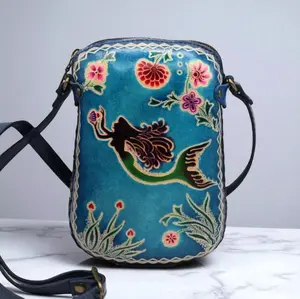 Genuine Handmade Leather Mermaid Crossbody Pouch Phone Bag Mini Sling Bag High-Quality Cow Hide Artistic Mermaid Design Adjustable Strap 8x6 Inches