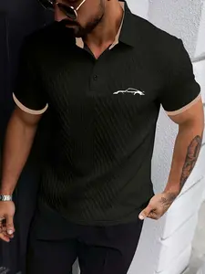 Men's Colorblock Polo Shirt, Textured Knit Fabric, Car Pattern Print, Slim Fit Short Sleeve, Casual Fashion for Daily Wear