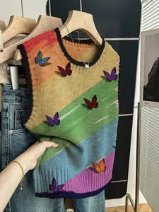 Women's Casual Fitted Knit Top, Butterfly Print Color Block Design, Round Neck Sleeveless Sweater for Spring Summer Fall