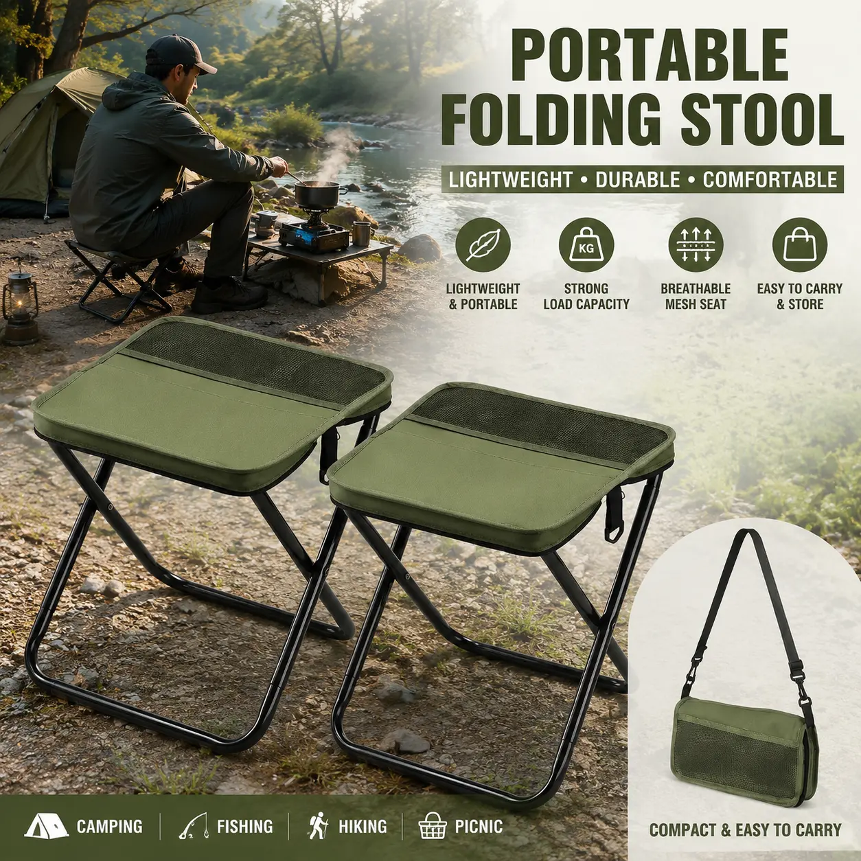 Portable Folding Camping Stool, 1.5LB Lightweight Heavy-Duty Camp Seat with Shoulder Strap, Supports Up to 400LB, Compact Folding Seat for Camping, Fishing, Hiking, Picnics, Sports Events & Line Waiting