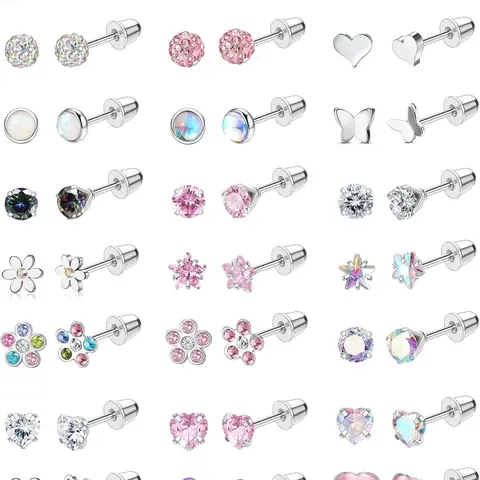 24 Pairs Hypoallergenic Post Earrings for Girls and Women, Surgical Steel Screw Back Earrings, Cute Tiny 4mm Flat Back Stud Set for Kids Age 3+, Hypoallergenic Jewelry, Mother's Day Gift, Earrings with Flat Backs