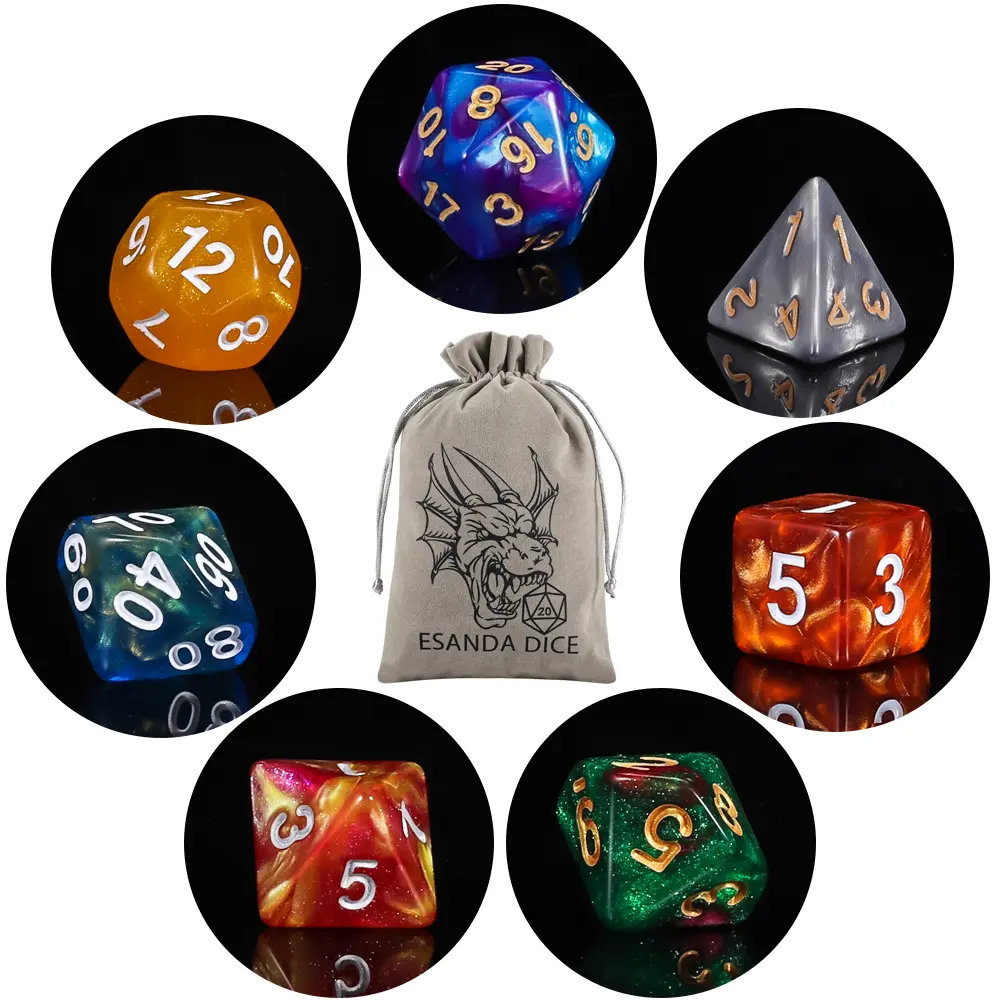 ESANDA 140pcs DND Dice Set with a Big Gray Drawstring Bag for Dungeons and Dragons, D & D, RPG, Role Playing Games, (D4 D6 D8 D10 D% D12 D20) Great Dice Collection/gift for Halloween& Christmas& Birthday& Gaming, Durable