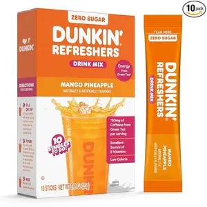 Dunkin’ Zero Sugar Refreshers Singles To Go! Powdered drink mix packets, Mango Pineapple,10 packets per box Energy from Green Tea, aspartame-free, no synthetic colors, naturally and artificially flavored, just add water