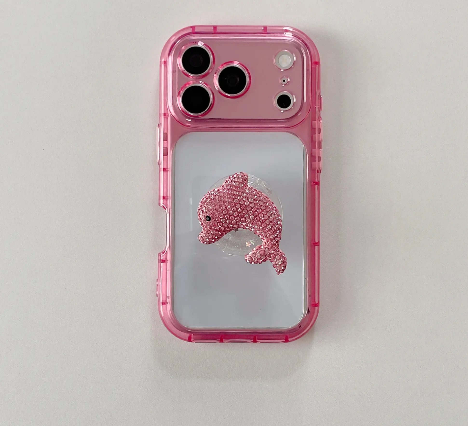 iPhone 17 Pro Max Shockproof Transparent Candy Casing - Bling Rhinestone Dolphin Pop-Socket Grip Stand, DIY Photo Frame Cover, Smartphone Cellphone Accessories