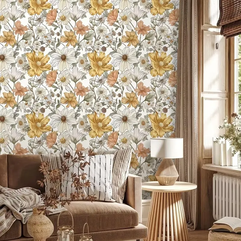 Bohemian Style Wallpaper Roll, Floral Wallpaper Peel And Stick, Floral Self-Adhesive Peelable Vinyl Contact Paper, Waterproof Durable Removable for Living Room Bedroom