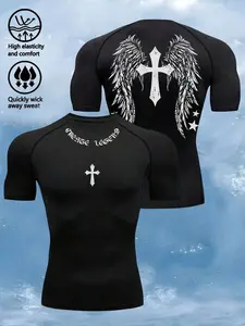 Manfinity Sport Corelite Men's Wing & Cross Print Compression Tight Fit Short Sleeve Sports T-Shirt Workout Tops Gym Top Compression Shirt  Breathable
