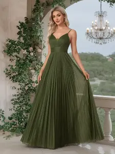 BluePlum Women's Polyester Formal Spaghetti Strap Slip Dress - High-Waisted Pleated Skirt, V-Neck Sleeveless Off-Shoulder, Lace-Up V-Back, Elegant Draped Extra-Long Fit, Light Luxury for Cocktail Parties & Banquets (Elegant Dresses for Women)