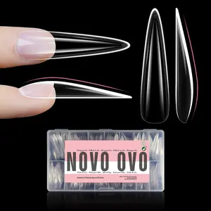 NOVO OVO Sculpted XXL Stiletto/Almond Nail Tip for Curved Nail Beds, Extra Thick Long False Nails Press on, Full Cover Soft Gel Extension Fake Nail for Acrylic kit, Clear X 15 Sizes 300pcs