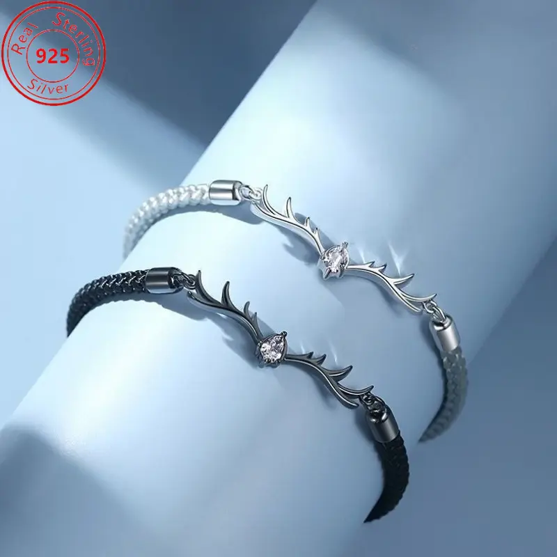 Antler Couple Bracelets in S925 Sterling Silver, Unisex Mixed Color Set with Zircon Embellishments and Adjustable Chain for a Thanksgiving Gift, Mosaic