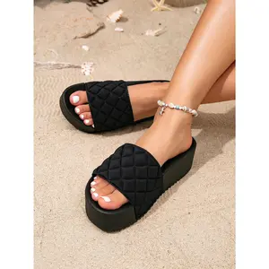 Women's Quilted Platform Slide Sandals, Lightweight Open-Toe Sandals with Cushioned Footbed, Non-Slip Sole, Summer Casual All-Match Walking Footwear for Women, Black, Women's Sandals,summervibes