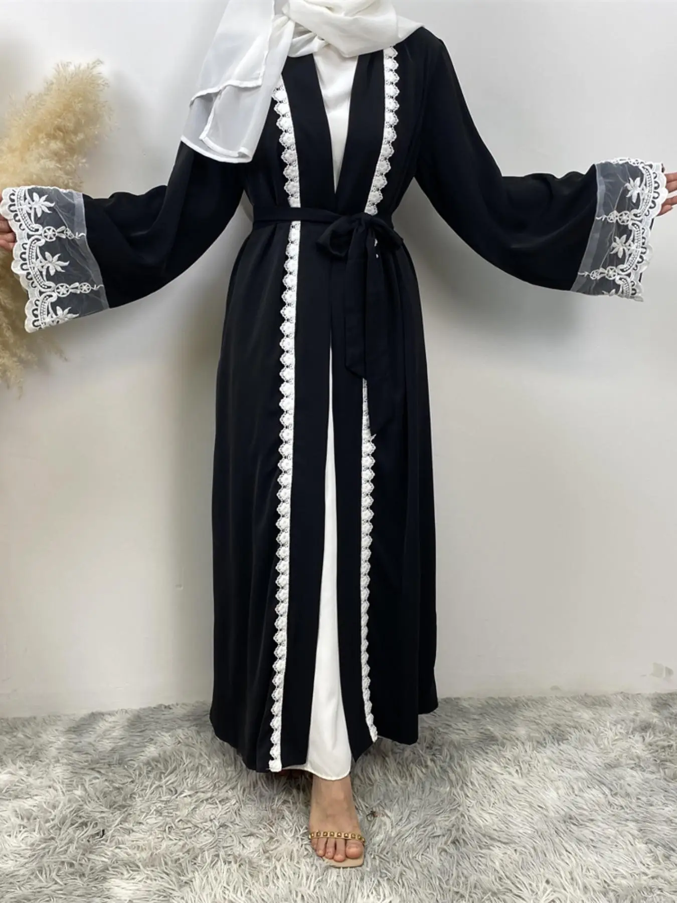 Arabic Clothing-Contrast Lace Belted Abaya, Summer Outfits 2024, Modest Long Sleeve Open Front Arabic Robe For Women, Women's Islamic Muslim Clothing
