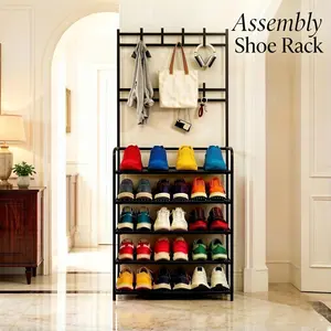 5-layer coat and shoe rack combination, suitable for storing clothes and hats | Recommended Home - Minimalist modern style, ideal for apartment corridors/bedrooms, assembled from coated iron pipes, plastic connectors, and non-woven fabrics.