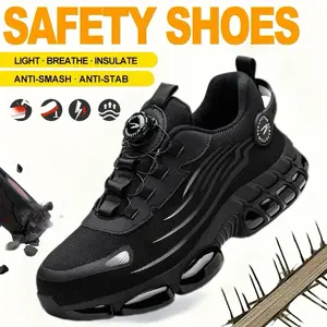 Men's Durable Work Sports Shoes - Breathable Mesh, Slip-Resistant EVA Sole, Steel Toe Protection, Casual Style, All-Season Comfort, Striped Design, Closed Insole, Elastic Band Closure Black Footwear Boy Worker