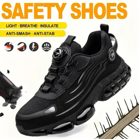 Men's Steel Toe Casual Worker Sneakers - Durable Construction, Round Toe, Breathable Mesh, Nonslip EVA Sole, Stripes, Closed Insole, Elastic Band Closure, Universal Versatile All-Seasons Nonslip Work Shoes, Black